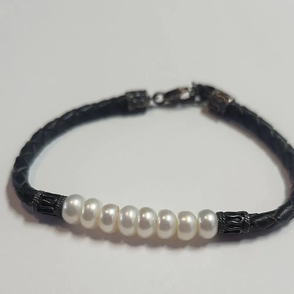 IWI Jewelers Cultured Pearl / Sterling Silver Braided Leather Band Bracelet 6.5